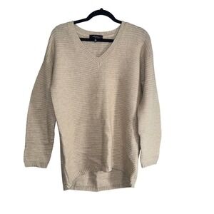 Saks Fifth Avenue Cashmere Blend Metallic Knit V Neck Sweater L G Beige Gold